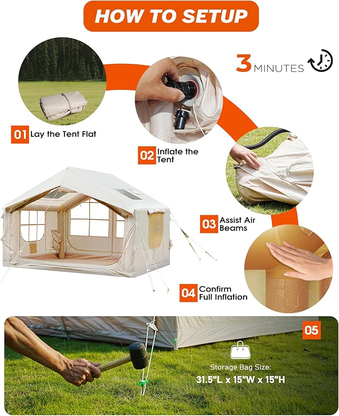 Inflatable Tent for Camping with Pump 4-6 Person Extra-Space Blow up Tent 420D Waterproof Oxford Glamping Air for Family 4 Season Inflatable House