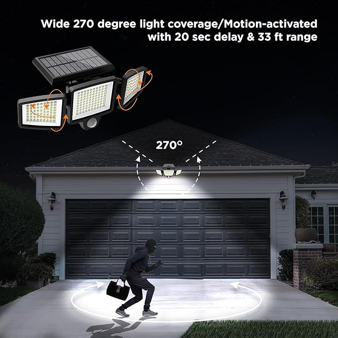 Insert Solar Lights AMS1971 1000 Lumens Motion-Activated Triple-Head Solar-Powered Security Light with Tool-Free Gutter Mount Bracket (Black)