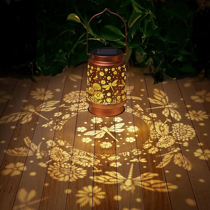 2 Pack Dragonfly Solar Lanterns Outdoor Waterproof Daisy Garden Decor Birthday Gifts for Women Mom Grandma Hanging Solar Lights Metal Lantern Decoration Outside for PorchPatioYardBackyard