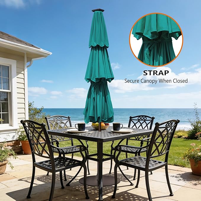 EliteShade USA 10-Year-Non-Fading 10Ft 3 Layers Market Umbrella with 80 LED Lights Patio Umbrella Outdoor Table Umbrella with Ventilation(Teal)