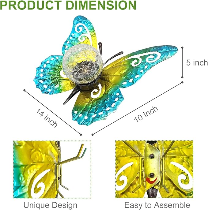 Solar Lights Outdoor Garden Butterfly Decor Metal Butterfly Statue Decoration with LED Crackle Glass Globe Solar Powered Lighted Garden Art Decor for Patio Lawn Yard Pathway Tabletop Ground