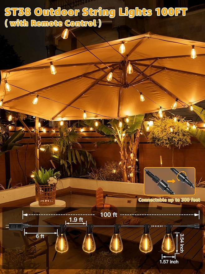 Outdoor String Lights Dimmable with Remote 100 FT Outdoor Lights with 2 Timer and 3 Mode Waterproof &amp Shatterproof Patio Lights 2200K Energy Saving String Lights 3 Spare Bulbs for Patio Yard