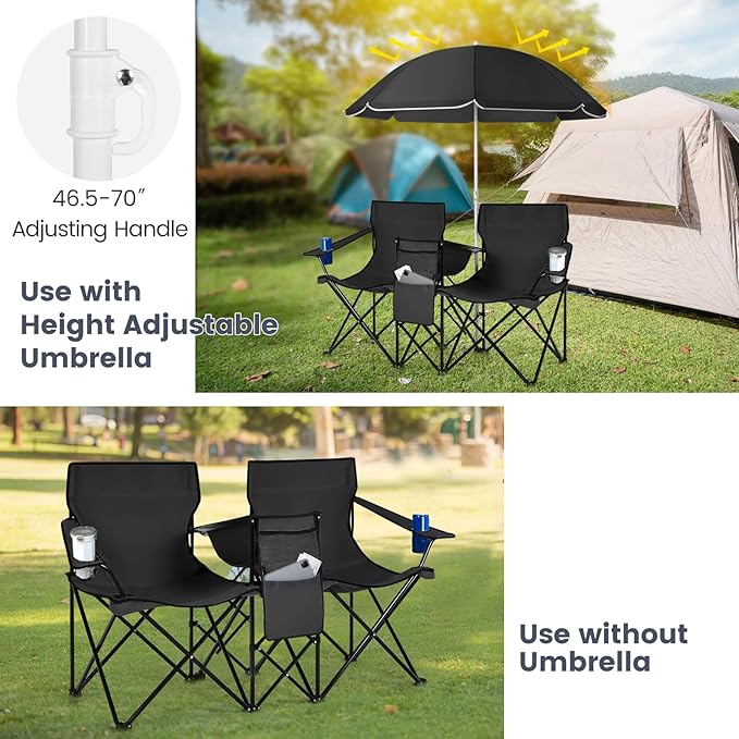 Double Camping Chair 2-Person Portable Beach Chair w/Removable Umbrella Cup Holders &amp Carrying Bag Folding Loveseat Chairs for Adults Outdoor Picnic (Black)