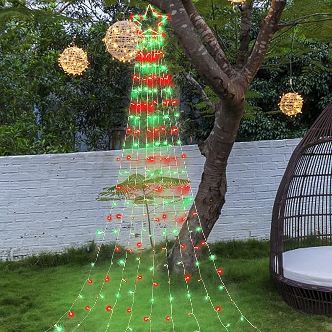 Outdoor Christmas Lights Christmas Decoration Lights 320 LED Christmas Tree Toppers String Lights[8 Modes &amp Waterproof] for Halloween Xmas New Year Holiday(Iron Star-Red &amp Green)