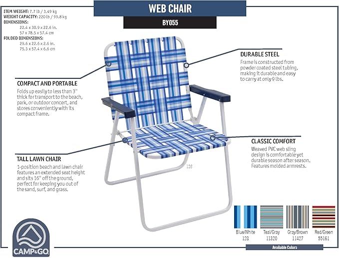 CAMP &amp GO 16 Extended Height Folding Web Lawn Chair Blue/White