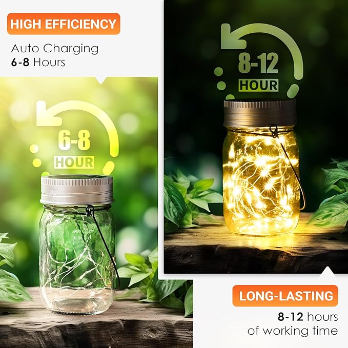 GIGALUMI Solar Mason Jar Lights 8 Pack 30 Led String Fairy Lights Garden Lights Outdoor Waterproof Hanging Solar Lanterns for Outdoor Garden Patio Lawn Balcony Decoration