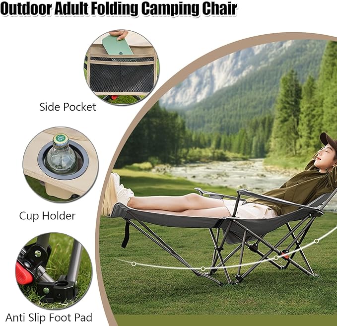 Folding Camping Chair with Armrests Portable Outdoor Lawn Chair with Detachable Headrest Lightweight Fishing Chair for Picnic Beach Lawn Balcony(Beigewith Footstool)
