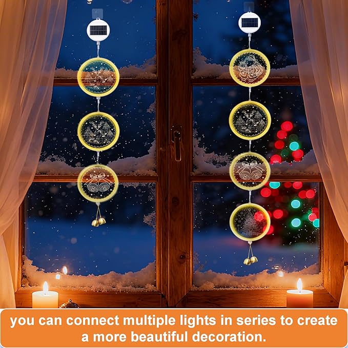 Solar Hanging Lights - Outdoor Indoor Christmas Decorations for Window Garden Patio PorchHoliday Home Decor (Jingle Bell)