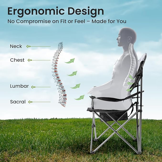 2 Pack Folding Camping Chairs for Adults - High Back Padded Outdoor Lawn Chairs with Lumbar Support &amp Cup Holder 400lbs Heavy Duty Portable Camping Chairs Set (Light Black &amp Gray 2 PCS)