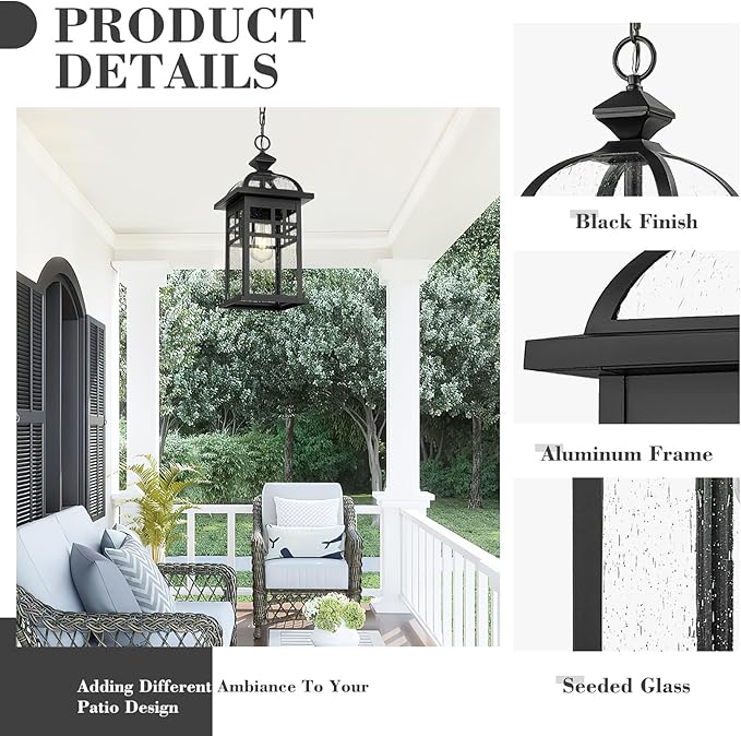 Emliviar 20 Inch Outdoor Pendant Light for Porch Outdoor Chandelier for Porch Die-Cast Aluminum with Seeded Glass Black Finish DE281H-M BK