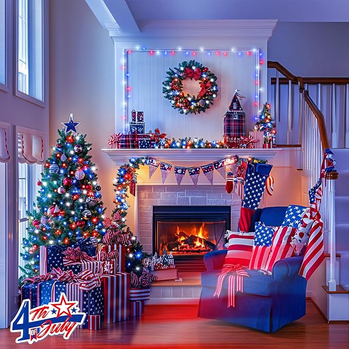 JMEXSUSS 2 Pack Red White and Blue Lights Outdoor 33ft 100 LED 4th of July Lights Battery Operated 8 Modes Patriotic Decorations for Indoor Outside Independence Day American Flag Holiday