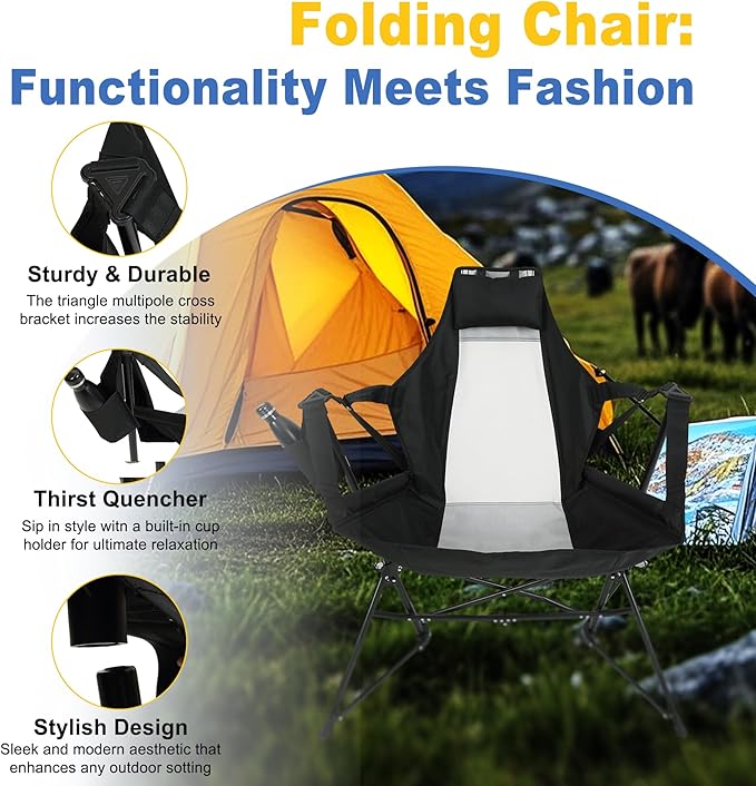 Hammock Camping Chair Portable Chairs with Pillow Cup Holder and Carry Bag Lightweight Foldable Chair for Outside Camping Hiking Travel Beach and Sports (Black)