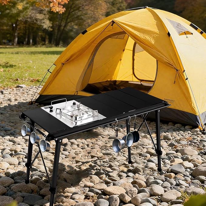 IGT Camping Table with Extended Frames Portable and Foldable Outdoor IGT Camp Tables Ultralight Height Adjustable Camp Table with Carry Bag for Car Camping Picnic RV Trip Patio Backyard