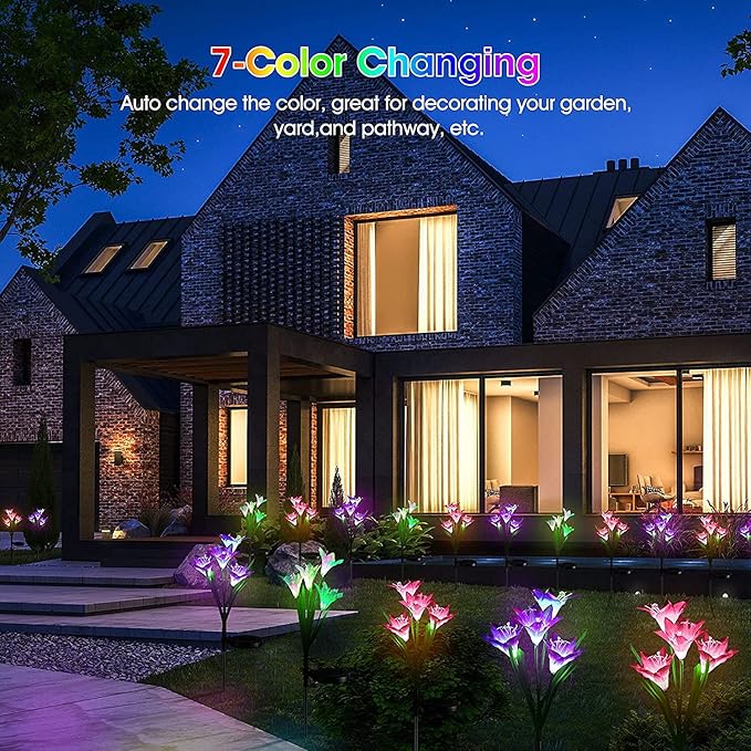 Solar Lights Outdoor Waterproof 4 Pack Garden Decor Lights 16 Multi-Color Changing Lily Solar Flowers for Yard Patio Pathway Decor Gifts for Women Mom (4 Pack)
