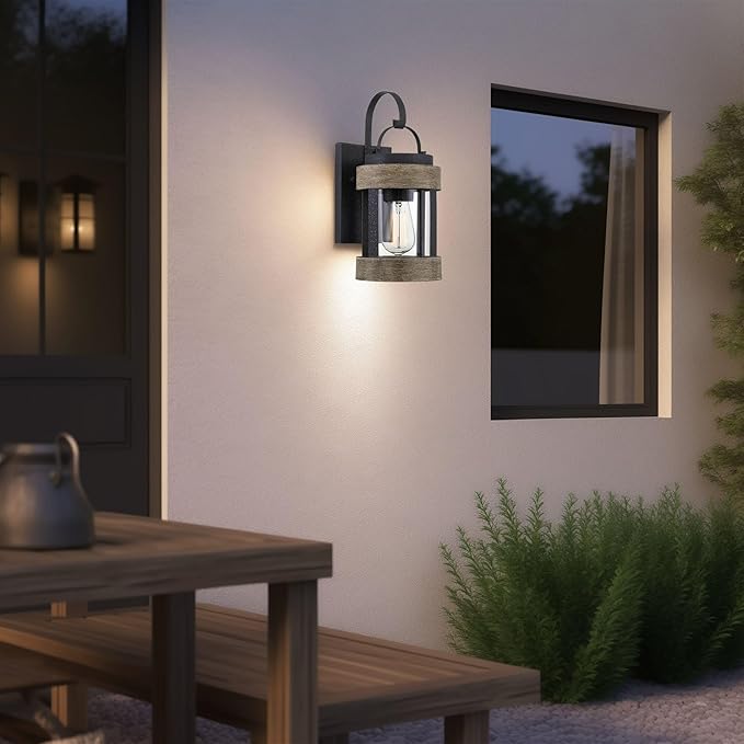 Kira Home Rochester 14 Modern Indoor Outdoor Wall Sconce + Cylinder Glass Shade Weathered Oak Wood Style + Textured Black Finish