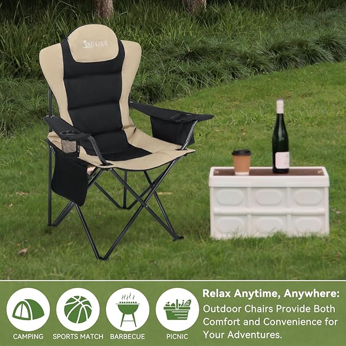 Camping Chairs for Adults Heavy Duty Camping Chairs 2 Pack Folding Chairs for Outside Support 380 LBS Portable Travel Outdoor Camp Chair with Cup Holder &amp Cooler Bag Sports Chairs Khaki