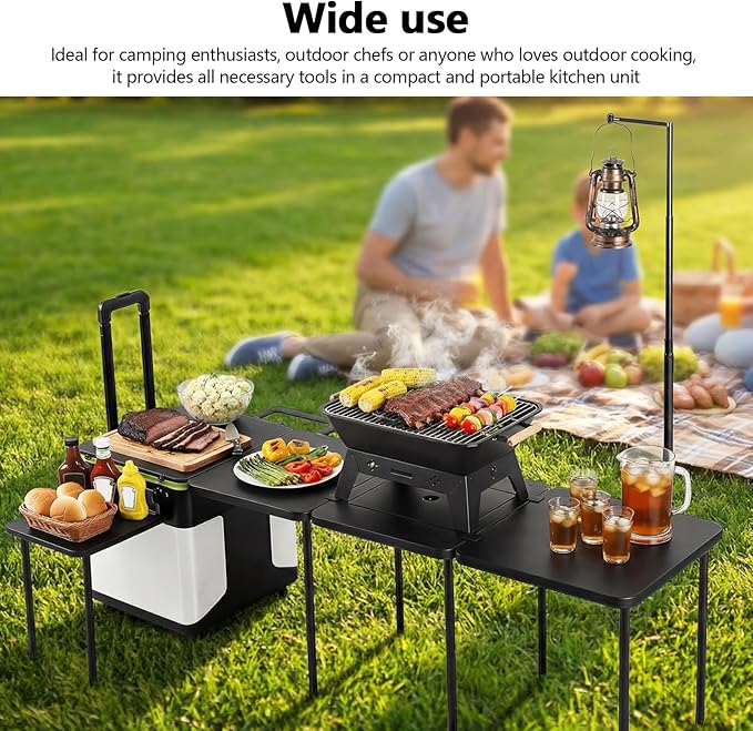Multifunctional Outdoor Kitchen Station with Wheels Folding Overland Camping Kitchen Table with Light Poles for Picnic Party Beach BBQ Cooking Indoor