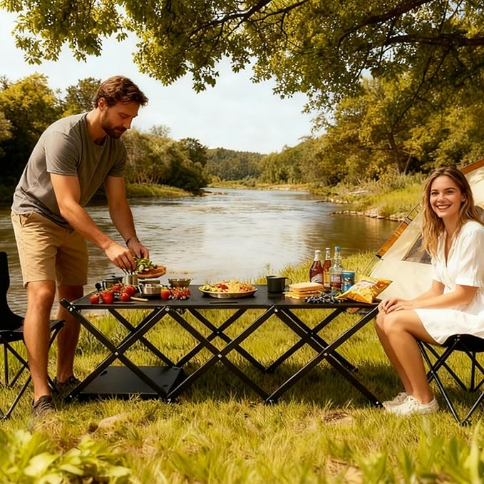 Portable Camping Table &amp Shelf 2-in-1Folding Carbon Steel Picnic Rack 37 4-Tier Storage Cook Station with 4 HooksPerfect for Party Dining Camping BBQ Indoor Outdoor