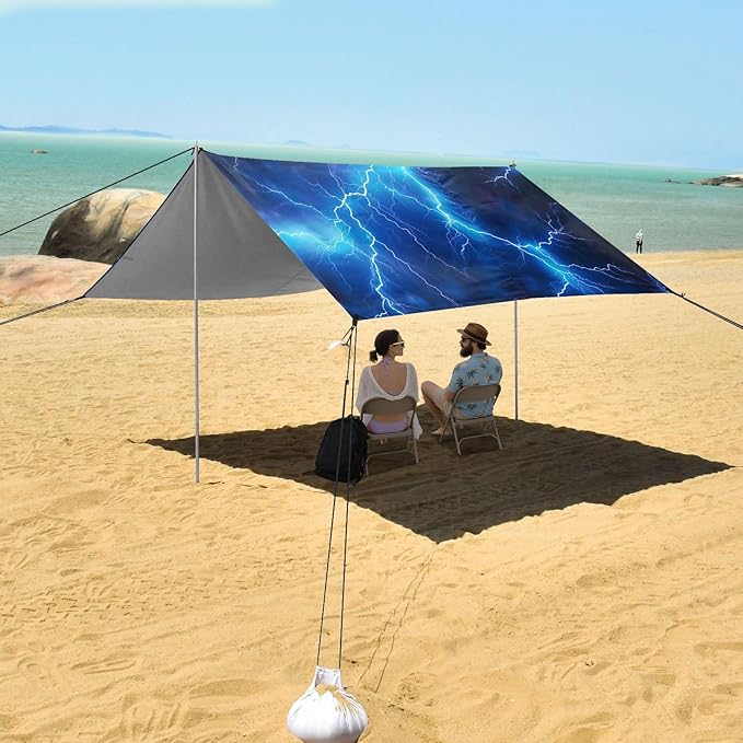 Blue Lightning Beach Tent Sun Shelter 9.2' x 10.5' Beach Canopy with 4 Sandbags 4 Stability Poles Sand Shovels - Tent Canopy for Beach Camping Fishing Picnics