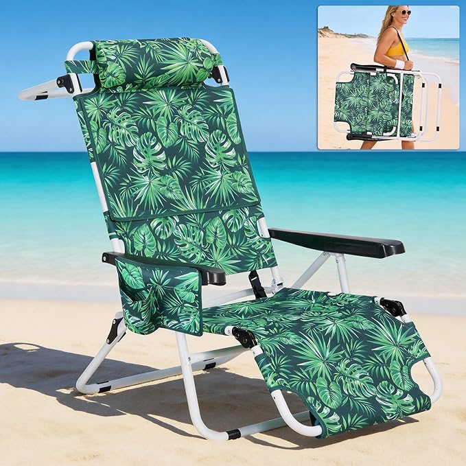 ABORON 3 in 1 Beach Chair w/Face Cushion &amp Arm Holes Cup Holder Headrest &amp Pouch 350 lbs Capacity Portable Folding Beach Lounge for Sunbathing Reclining