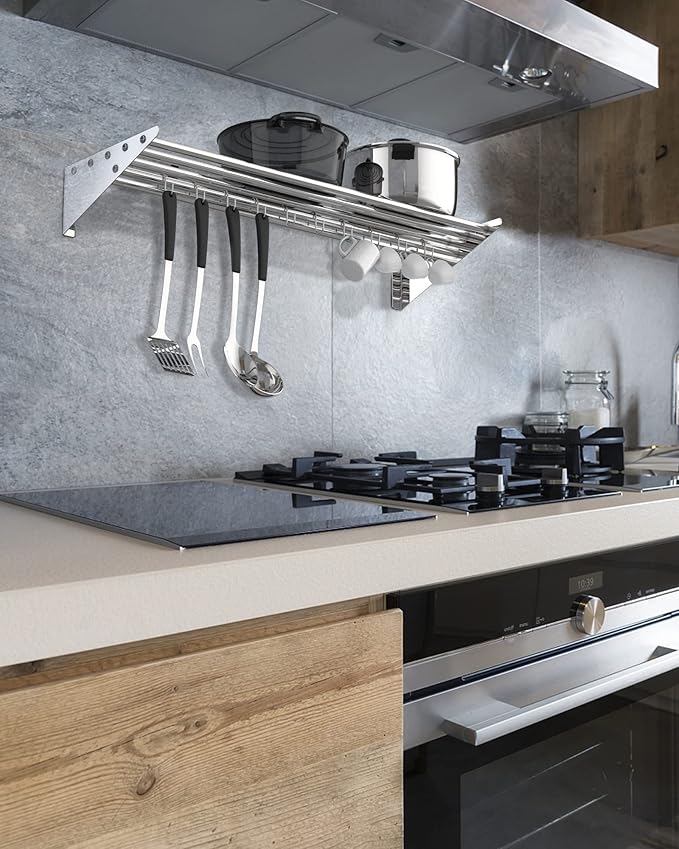 12 x 36 NSF Certified Stainless Steel Wall Mount Shelf Metal Kitchen Rack with 10 S Hooks for Convenient Storage and Organization of Pots Pans and cookware