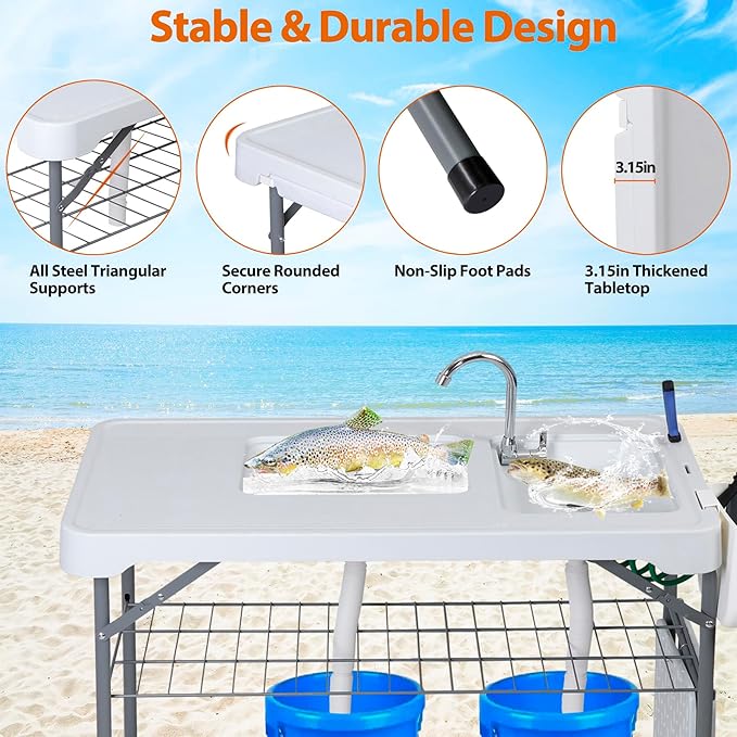 ZENY Fish Cleaning Table with Sink 42.4 Width Portable Folding Camping Table Outdoor Fish Cleaning Station with Grid Rack and Fish Cleaning Kit for Picnic