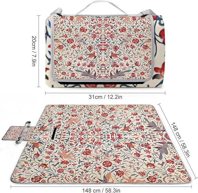 Flower Maroon Gold Floral Classy Burgundy Antique Waterproof Outdoor Picnic Blanket Sandproof Beach Mat for Camping Hiking Grass Travelling