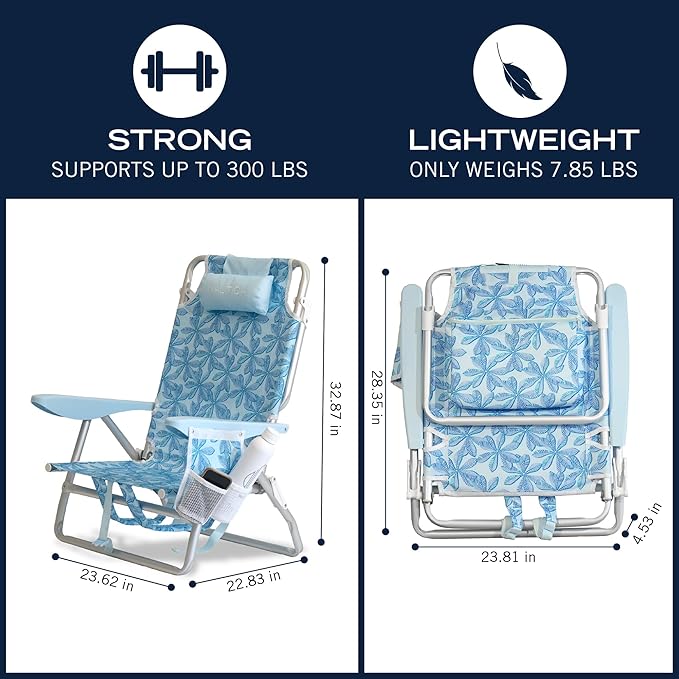Nautica Backpack Beach Chair – 5 Position Reclining Portable Folding Beach Chair for Adults with Padded Pillow Headrest Insulated Cooler Bag Double Cup Holders Outdoor Folding Chair 300lb
