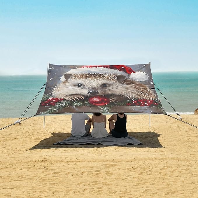 ALAZA Christmas Hedgehog Beach Tent Sun Shelter UPF50+ Protection Beach Shade Canopy w/ 4 Sandbags for Outdoor Camping Fishing Backyard Fun Picnic 10x9 ft