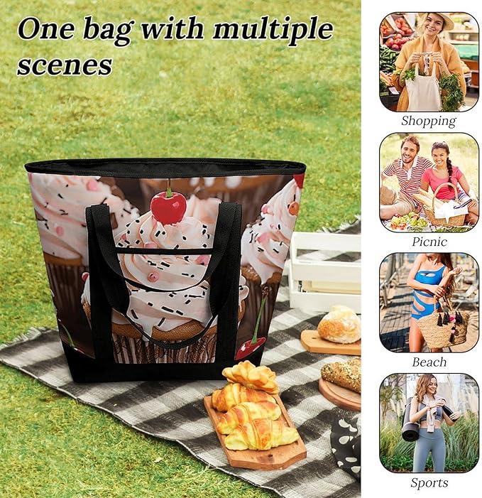 Insulated Shopping BagLarge Reusable Cooler Bags Cupcake And Muffin Printed Foldable Shopping BagTravel Waterproof Shoulder Bag