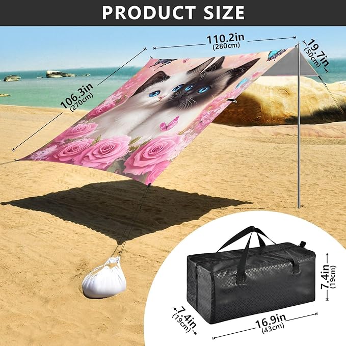 ALAZA Beautiful Cats Rose Kitten Beach Tent Sun Shelter UPF50+ Protection Beach Shade Canopy w/ 4 Sandbags for Outdoor Camping Fishing Backyard Fun Picnic 10x9 ft
