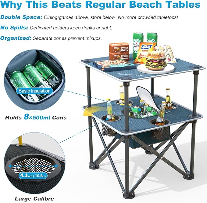Folding Beach Table Camping Table for Sand with Insulated Cooler Storage &amp 4 Cup Holders Portable Pop Up Picnic Table Lightweight Side Table for Outdoor
