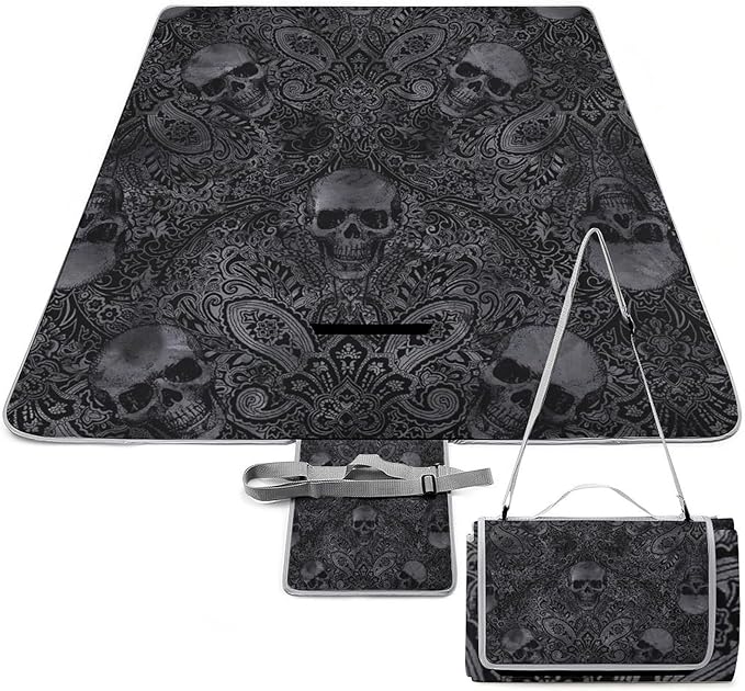 Gothic Skulls Damask Style Black White Waterproof Outdoor Picnic Blanket Sandproof Beach Mat for Camping Hiking Grass Travelling