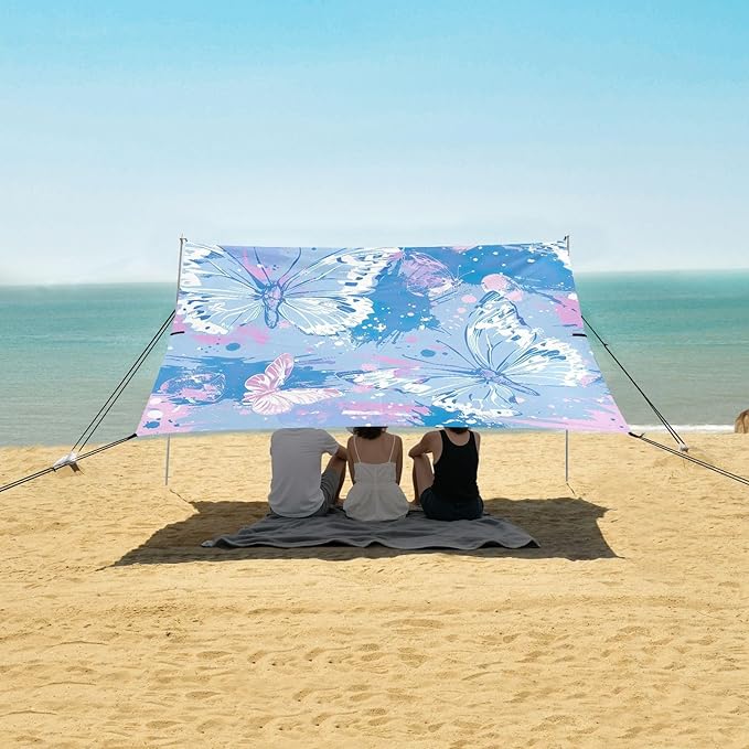 Butterflies Beach Tent Sun Shelter 9.2' x 10.5' Beach Canopy with 4 Sandbags 4 Stability Poles Sand Shovels - Tent Canopy for Beach Camping Fishing Picnics