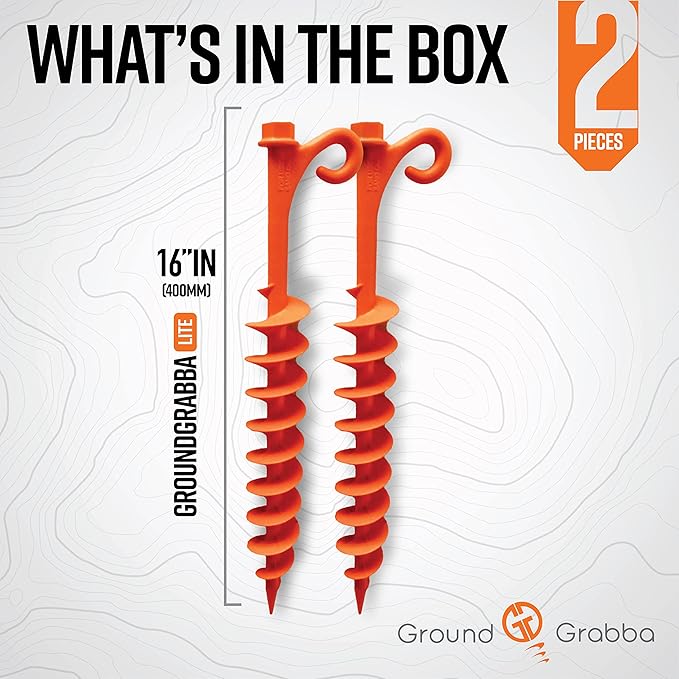 GROUNDGRABBA Lite Orange Tent Stakes - Tent Stakes for Sand | Screw in Earth Ground Anchors for Maximum Grip and Longevity in Soft Surfaces - 2 Pack