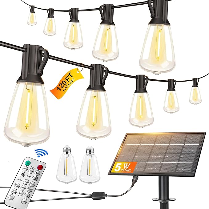 120FT Solar String Lights Outdoor Waterproof with Remote Control Solar Patio Lights 30+2 shatterproof LED ST38 Bulbs for Porch Garden Market Bistro Patio Backyard Fence