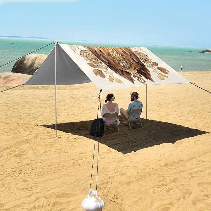ALAZA Gold Owl Print Beach Tent Sun Shelter UPF50+ Protection Beach Shade Canopy w/ 4 Sandbags for Outdoor Camping Fishing Backyard Fun Picnic 10x9 ft