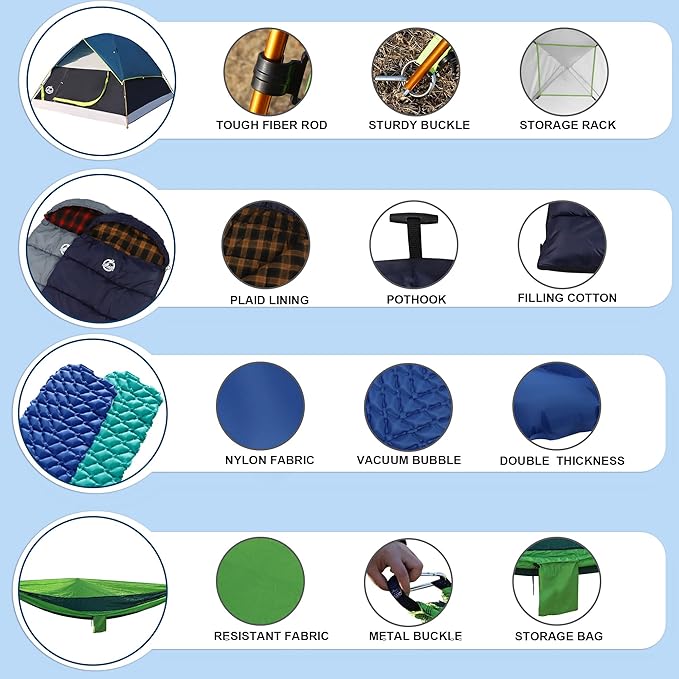 Northroad 9PCS Camping Tent Kit Including 1 2/3 Person Dome Tent 2 Sleeping Bag 2 Sleeping Pad/Camping Mat 2 Single Camping Hammock with 2 Tree Straps 2 Lightweight Fuzzy Bed Blanket