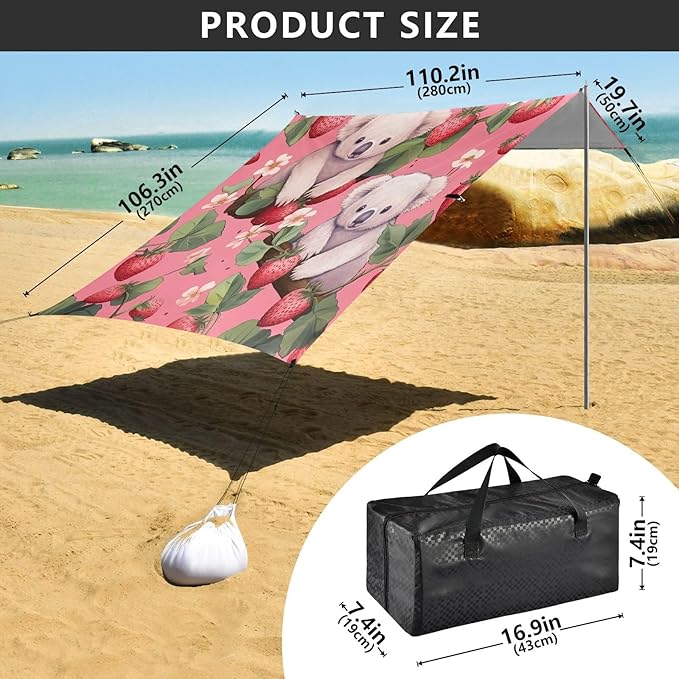 Strawberries and Koalas Beach Tent Sun Shelter 9.2' x 10.5' Beach Canopy with 4 Sandbags 4 Stability Poles Sand Shovels - Tent Canopy for Beach Camping Fishing Picnics