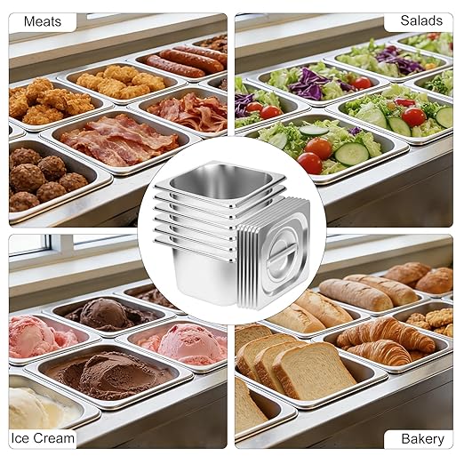 6 Pack 1/6 Size Hotel Pans 4 Inch Deep with Lids Stainless Steel Steam Table Pan with Lids Commercial Food Pans for Hotel Home Restaurant Catering Buffet Pan