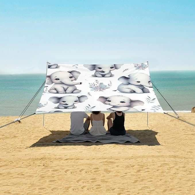 Cute White Elephant Camping Sun Shelter Beach Tent Portable Beach Sun Shade Outdoor Canopy for Camping Trips Fishing Picnic