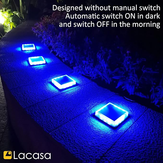 Lacasa Blue Solar Deck Lights 4 Pack Dusk to Dawn Large Battery Step Lights Big Solar Powered Waterproof Dock Lights LED Solar Lights Outdoor Garden Stair Driveway Walkway Pathway Warning Lamp