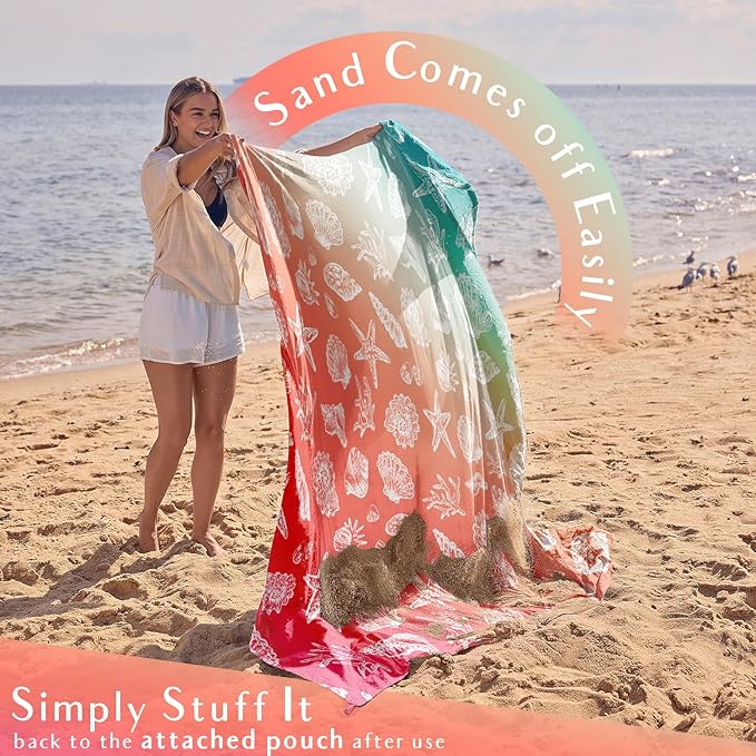 WEKAPO Beach Blanket Waterproof Sandproof &amp Sand-Free Beach Mat with Stakes &amp Built-in Storage Bag – Oversized Extra Large Perfect for Outdoor (Coral Sea Shells 8 X 7 FT (1~4 Person))