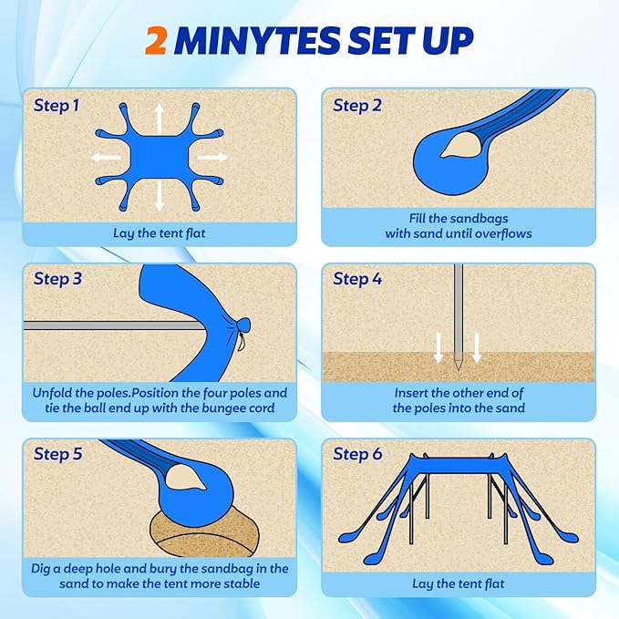 FAHKNS Beach Tent Camping Sun Shade UPF50+ with 8 Sandbags Sand Shovel Ground Spikes and Stabilizer Poles 10x10ft Beach Sunshade Beach Tent for Camping Fishing and Picnicking (Blue)