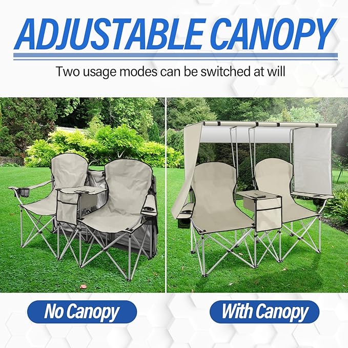PLKO Portable Double Camping Chair with Canopy ShadeHeavy Duty Beach Chairs for AdultsFolding Beach Chair with Cooler Bag for Sports Backyard Fishing Outside（White）