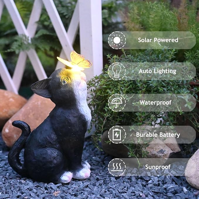 Cat Garden Figurines Outdoor Decor Solar Statue with LED Lights for Patio Lawn Yard Art Decoration Housewarming Garden Gift