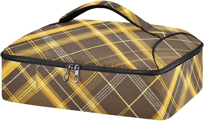 Casserole Carrier Yellow and Brown Tartan Pattern Insulated Casserole Carrier for Hot or Cold Food Thermal Lunch Tote for Parties Picnic Travel Carry Bag