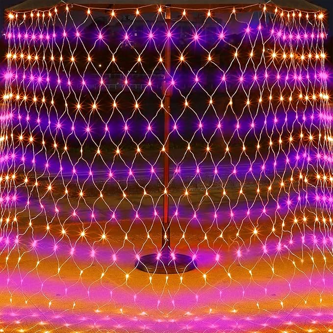 WATERGLIDE Outdoor Halloween Net Lights 12FT x 5FT 360 LED Fairy String Light with 8 Lighting Modes Connectable Light Safe Adaptor for Garden Tree Bushes Holiday Party Decorations Orange &amp Purp
