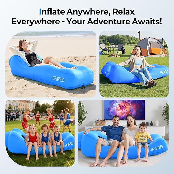 Tecoom Inflatable Lounger Couch Sun Air Sofa Hammock Waterproof Blow up Beach Chair 2 Person Glamping Accessories for Camping Hiking Traveling Movies Night Music Festival Indoor Outdoor Matches