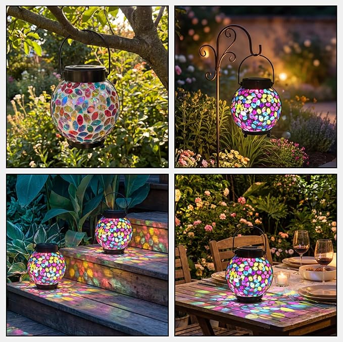 Lyeasw Mosaic Lights Solar Outdoor Hanging Lanterns Waterproof Lights Outdoor Decor for Patio Yard Garden Porch Birthday Gifts for Women Mom Grandma